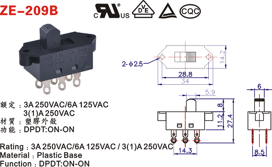 8 Position Pin DP4T Slide Switch