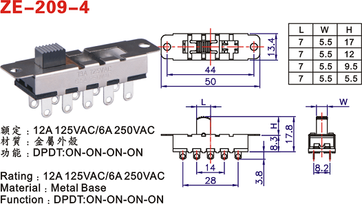 8 Position Pin DP4T Slide Switch